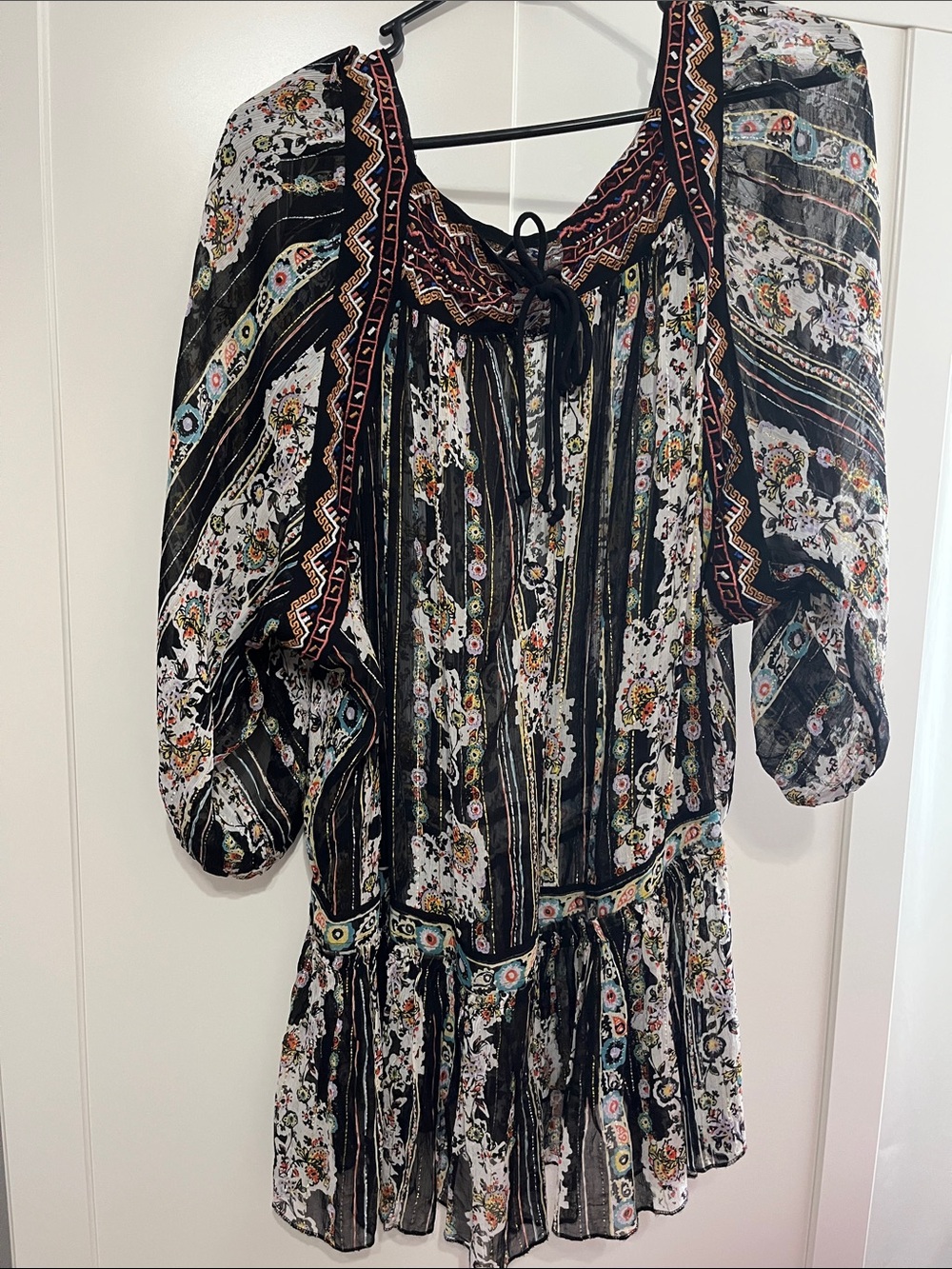 Free People Black Floral Tie-Neck Mini Dress